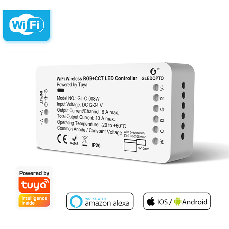 Tuya WiFi Wireless RGB+CCT LED Light Controller Works With Amazon Alexa Voice Control & Smart APP Control For RGB+CCT LED Strip Lighting